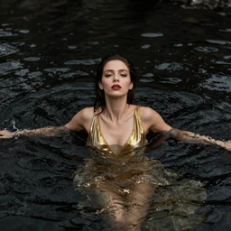photorealistic portrait of a beautiful brunette drowning into black waters with golden dress