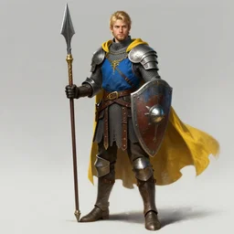 highly detailed concept art of a rugged young knight with blonde hair and blue eyes and a short beard  wearing a blue shirt over chain mail and steel pauldrons and a yellow cape and leather boots holding a shield and a warpick, concept art by Greg Rutkowski, realistic, masterpiece, ArtStation