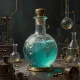 a painting of a steampunk vintage aquamarine colored potion bottle in a dark dusty vintage science lab, by h. r. giger, hyperrealistic fantasy art, concept matte, ethereal, dreamy, digital art, trending on artstation, volumetric cinematic lighting