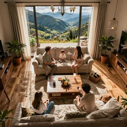 family in the living room, overhead view