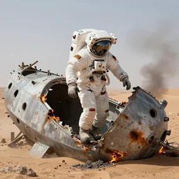 an astronaut climbing out of the wreckage of a ship crash, in the desert, smoke, burn marks, trending on artstation, high detail
