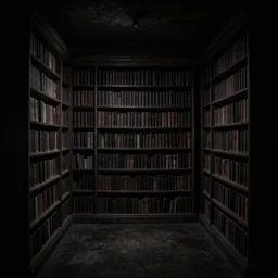 a gloomy shadowy midnight crypt room full of darkness with bookshelves. contrast:5, brightness:0
