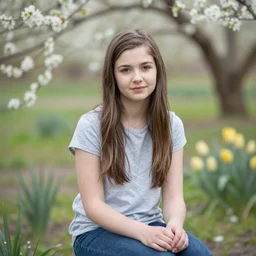 a portrait of a girl sitting in a spring garden fine art photography in style of Lindsay Adler, bokeh light, natural colors scheme