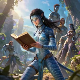 highly detailed portrait of beautiful girl reading a book in avatar, dynamic pose, stephen bliss, unreal engine, fantasy art by greg rutkowski, loish, rhads, ferdinand knab, makoto shinkai and lois van baarle, ilya kuvshinov, rossdraws, tom bagshaw, global illumination, radiant light, detailed and intricate environment