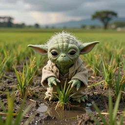 photo, Yoda Planting Rice in a paddy field.
