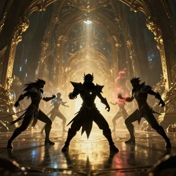 almost silhouette of 5 outlast fantasy characters fight with magic in big cave, action scene, lumen reflections, sharpened, insanely detailed and intricate, hypermaximalist, elegant, ornate, hyper realistic, super detailed, digital art, bokeh blur