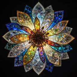 mesmerizing light installation from colored glass shards by chris wood, depicting a flower, detailed 4 k photo