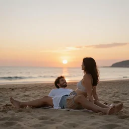 a relaxing happy couple by the beach at sunset, 8 k