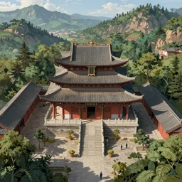 top down view of traditional chinese temple in yunnan, seen from above, surrounded by mountains and forest, pieter bruegel, greg rutkowski, andreas rocha, concept art