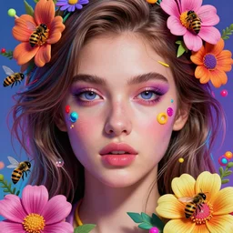 sexy, beautiful, young woman, detailed gorgeous face, vaporwave aesthetic, synthwave, colorful, psychedelic, artstation, concept art, smooth, extremely sharp detail, flowers, bees, finely tuned detail, ultra high definition, 8 k, unreal engine 5, ultra sharp focus, illustration, art by artgerm mary dimova, jim lee, greg rutkowski and alphonse mucha