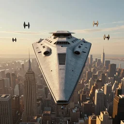 3 d point perspective, extreme long shot of the tip of an incommensurable imperial star destroyer hovering over the sky of new york city, tie fighters patrolling around, golden hour, deep depth of field, make all elements sharp, aerial view, 8 k, octane render, unreal 5, hyperrealistic, symmetrical, intricate digital art, photoshop, cgi art
