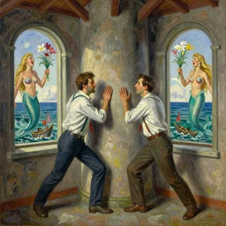 prize winning oil painting of two famous writers fighting in a tower while calypso singers laugh at them and fishermen hold flowers between the windows of the sea where lovely mermaids flow, in style of neo rauch
