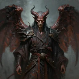 portrait of a demonic looking chaos monk with a stoic look and large leathery wings, fantasy painting, concept art, in the style of victor adame minguez, 4 k