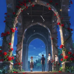 broken arches leading to the pillars of eternity draped with red flowers and vines, blue sky, lens flare, a sense of mystery, rich vivid colors, ambient lighting, dynamic lighting, 4k, HQ, official media, anime key visual, makoto shinkai, ilya kuvshinov, lois van baarle, ross tran, detailed, trending on artstation