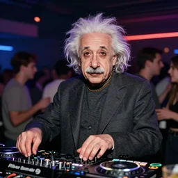 color photograph of Albert Einstein DJ at a nightclub, in color, color photograph, colors