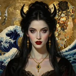 Masterpiece painting of beautiful vampire princess close-up portrait  by Donato Giancola and Tom Bagshaw, face by Artgerm and Edmund Leighton, golden ratio, trending on cgsociety, intricate, majestic, dark epic fantasy, trending on artstation, by H.R. Giger, background by James Jean and Gustav Klimt, 8k, volumetric Lighting, Hokusai, trending on pixiv