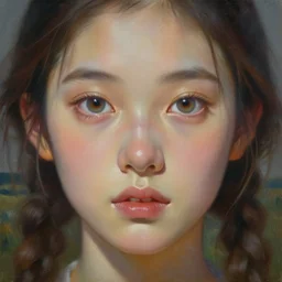 hyper detailed painting of a girl with big eyes in the style of artist mark ryden, symmetrical composition, in a landscape