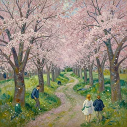 a valley full of tree in flowers. wind blow petals. full - length, oil painting in a modern style, very detailed, painted by caravaggio, greg rutkowski, sachin teng, thomas kindkade, alphonse mucha, norman rockwell, tom bagshaw.