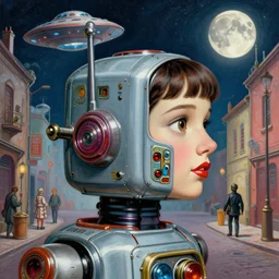 zoomed out profile face portrait of a girl tin toy robot, 1 9 5 0 s scifi, ufo, flying saucer, moon, meninblack, steampunk, alley, streets, walter sickert, earl norem, hyper realistic, artstation, illustration, digital paint, matte paint, vivid colors, detailed and intricate environment