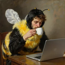 tired man in a bumblebee costume drinks coffee in front of a laptop, highly detailed, masterpiece, neo - classicist, oil on canvas