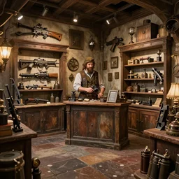 Inside an old Weapon Shop, fantasy vendor interior, wide angle, highly detailed, rich bright colors, trending on artstation