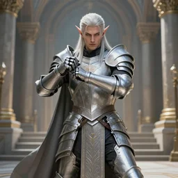 full body portrait of a handsome male elf paladin in a temple, ornamental armor, holy themed, platinum, fighting stance, high fantasy, detailed face, highly detailed, sharp focus, smooth, sfumato, digital illustration, by clyde caldwell, hd, 8 k, octane
