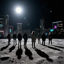 photo of homeless people, on the Moon, long shadows, in a Russian cyberpunk city called Neo Norilsk, pitch black sky with stunning bright stars, bright sun, high contrast, diverse outfits, lively, freaky, black sky full of stars, LEDs, holograms, blinding bright sun, sci-fi, cyberpunk outfits, photorealistic, grainy, 35mm, intricate, very very beautiful, elegant, smooth, cinematic, Unreal Engine 5, by Beeple