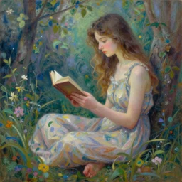 a girl reading a book, full body shot, oil painting, intricate, dreamy aesthetic, highly detailed, by alena aenami