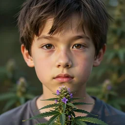 kid with symmetrical beauty face, purple flowers of marijuana hemp cannabis, behance hd, by jesper ejsing, by rhads, makoto shinkai, lois van baarle, ilya kuvshinov, rossdraws global illumination, golden ratio