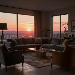 a tastefully decorated living room with dark luxurious furnishings, and a mix of antique and modern furniture, and a mix of concrete and wood finishes, soft focus cinematic still, dark dreamy golden red sunset, raytracing
