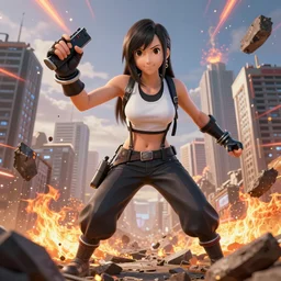 a giant giga sized tifa from final fantasy 7 remake having fun destroying a city while smiling, digital art, octane render, award winning, very detailed, full body portrait, 3d render, detailed facial expressions, destroyed city, 4k destruction, fire, video game art, no text, ray tracing, slow motion glitter sparkles in the air, powerful, chakra attack, good composition