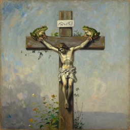 vintage beautiful painting of an overgrown christian cross with 2 frogs crossing on it in Mary Cassatt style