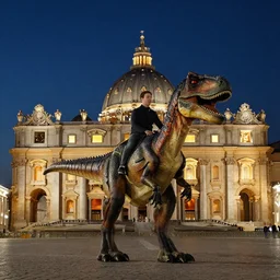 gotye riding a velociraptor through the Vatican at night