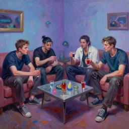 friends drinking shots at home, photo, wide angle, oil on canvas, cyberpunk