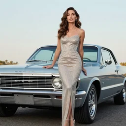 Professional photography, focus on woman, a beautiful woman with a 1967 Chevy impala
