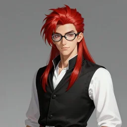 An epic fantasy comic book style portrait painting of young man with red spiked long hair, using googles. Wearing a black waistcoat, white shirt. He is throwing a wild fire blast from his hands, with a vicious smile in face. Unreal 5, DAZ, hyperrealistic, octane render, cosplay, RPG portrait, dynamic lighting