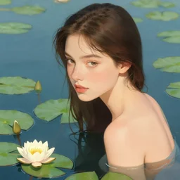 pretty model with water lilies : : by martine johanna and simon stalenhag and chie yoshii and casey weldon and wlop : : ornate, dynamic, particulate, rich colors, intricate, elegant, highly detailed, vogue, harper's bazaar art, fashion magazine, smooth, sharp focus, 8 k, octane render