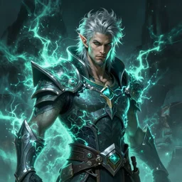 A striking epic hyper real portrait painting of aasimar warlock, teal electricity surrounding body, male, shaggy silver hair, short scruffy beard, 4k, 8k, Apex Legends Concept Art, D&D Concept Art, unreal 5, DAZ, hyperrealistic, octane render, cosplay, RPG portrait, dynamic lighting