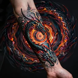 dark and vibrant spiraling fantasy dragon drake wyvern, forearm tattoo