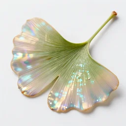 high definition hd photography of a ginkgo leaf, translucent, refractive and reflective, shimmering, pearly iridescent, abalone.