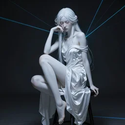 a beautiful girl sitting on a stool in a dark room with laser light, pale milky white porcelain skin in long silky cloth, cyberpunk, art nouveau, dynamic lighting, high detail, concept art, artstation, by Paolo Eleuteri Serpieri