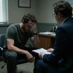 an extremely distraught ben simmons being counselled by a sinister psychiatrist in a dingy office