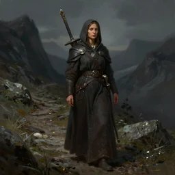 a portrait of a female dwarf warpriest on a dark mountain trail, concept art, dndart, fantasy portrait, 4 k, hires, art by lucian freud and and artgerm