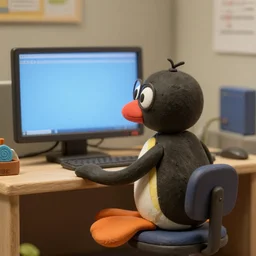 pingu sitting behind a computer, bbc,, art, epic lighting, clay, claymation