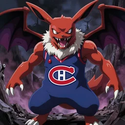 scary anime Portrait of horrific Youppi the Habs Montreal Canadiens Mascot as a very dead powerful and violent pokemon, highly detailed anime, high evolution, 1990s, haunted shiny legendary, darkness, smooth, sharp focus, dynamic lighting, intricate, trending on ArtStation, stuff of nightmares, illustration pokemon, art by WLOP