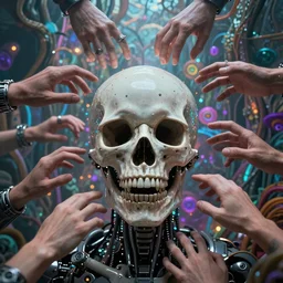 psychedelic trip of a cyborg who's escaping death, trippy, lots of hands, 8k, ultra realistic