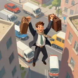 a man wearing a scarf and an open suit holding two suitcases high up on a rope between two buildings, top view, cars and trucks and buses below, illustration, digital painting, cartoon, artstation, behance, deviantart