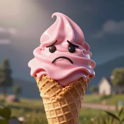 bright digital photoshop artwork of a depressed pink ice cream cone with unhappy facial features