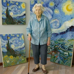 an old white blond woman standing with a cane, around her are paintings, in the style of van gogh