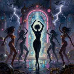 silhouettes of voluptuous african women dancing around a glowing, energized, steampunk neon portal during a lightning storm, by ilya kuvshinov, greg rutkowski, loish, rhads, artgerm and justin bua!!!. oil on canvas, detailed and intricate environment, radiant lighting. highly detailed. masterpiece